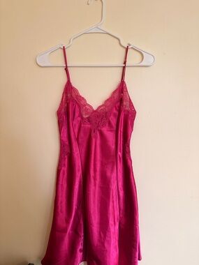 Hot Pink Lace-Trim Satin Slip Dress